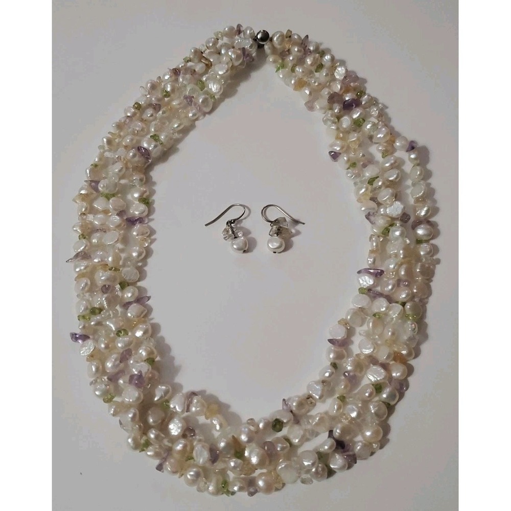 Genuine Freshwater Pearl and Gemstone Necklace 18.5" Multi Strand PLUS Earrings